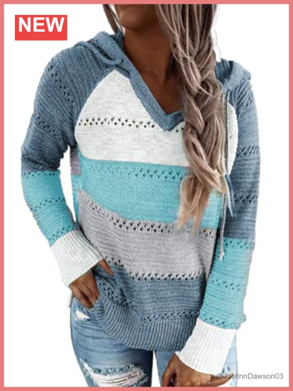 Striped Color Block V Neck Hoodie Knit Sweater Pullover